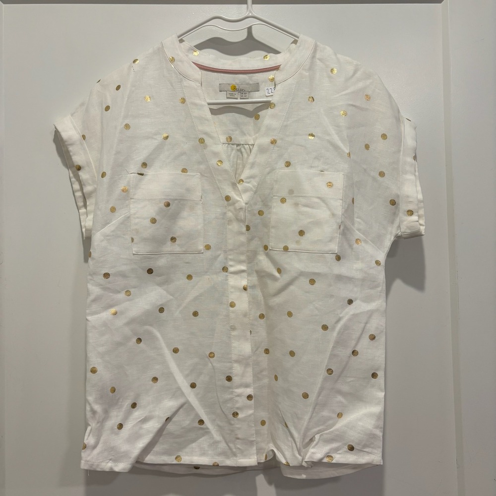Boden Women White Gold Metallic Polka Dot Linen V-Neck Top Blouse‎ US 4P UK 8P